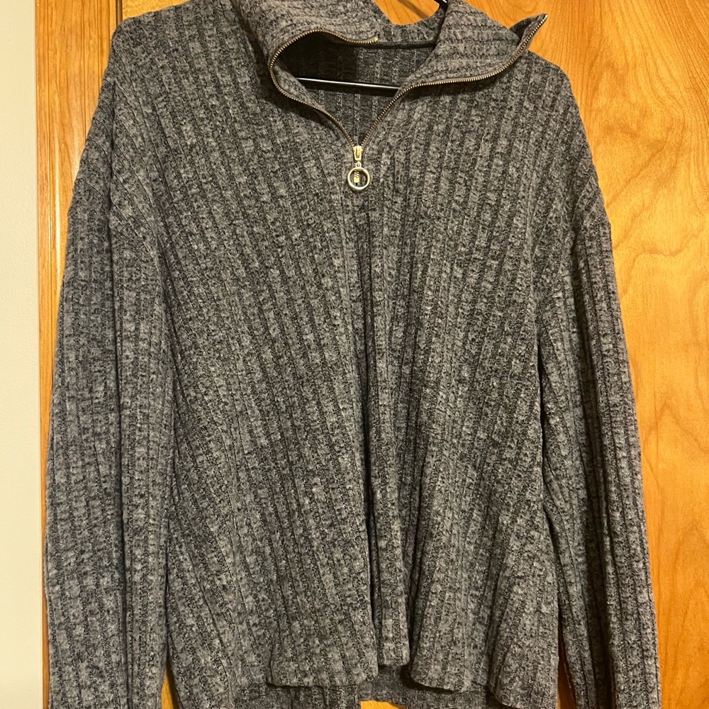 Gray Ribbed Zip-Up Sweater